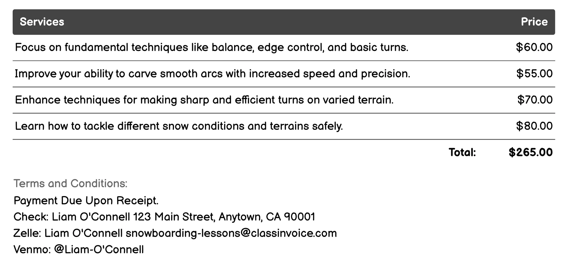 Snowboarding Technique Improvement Invoice Example