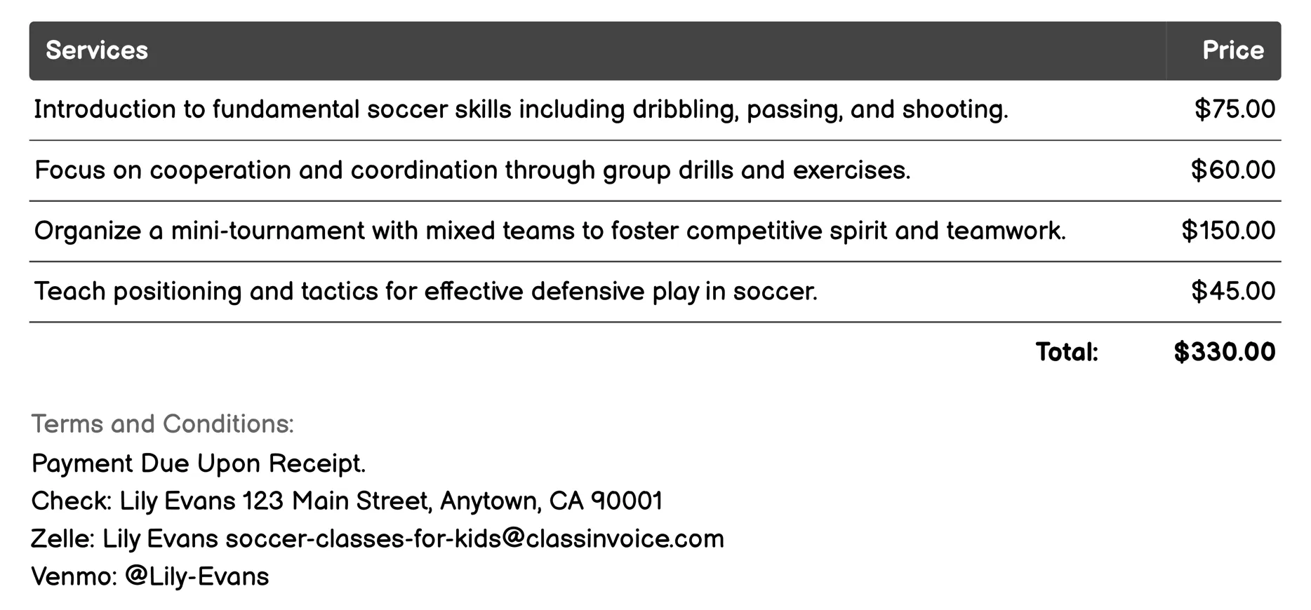 Team Building Soccer Activities Invoice Example