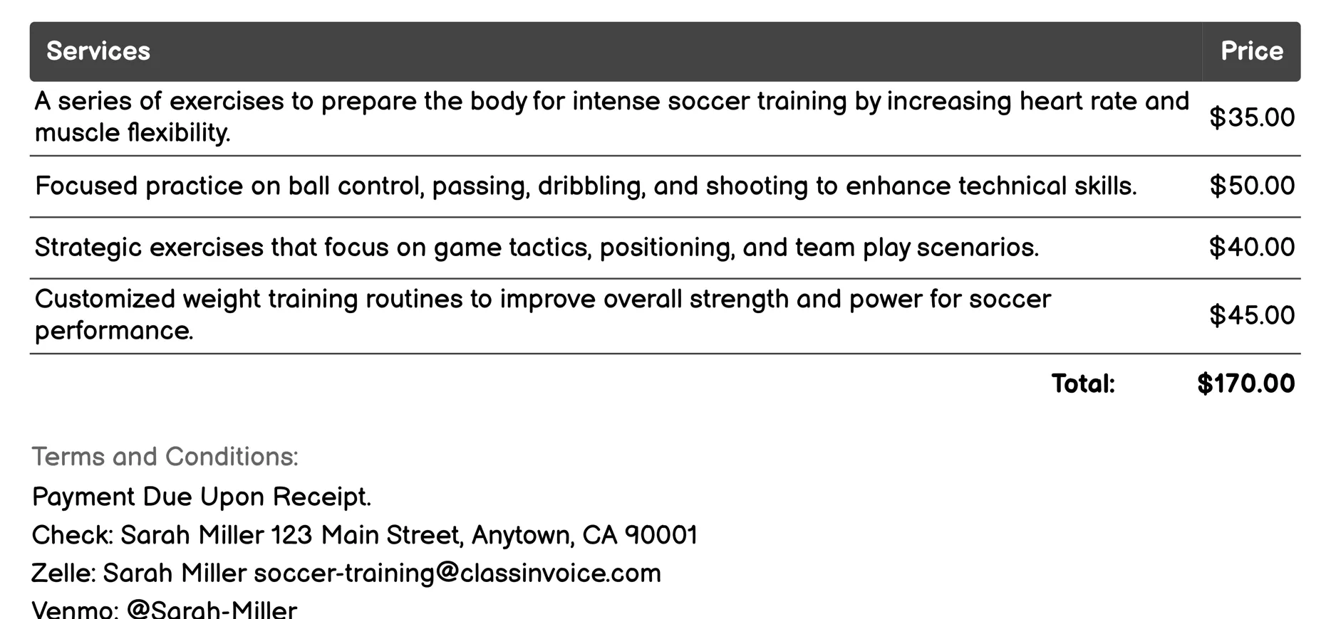 Fitness and Conditioning Workouts Invoice Example