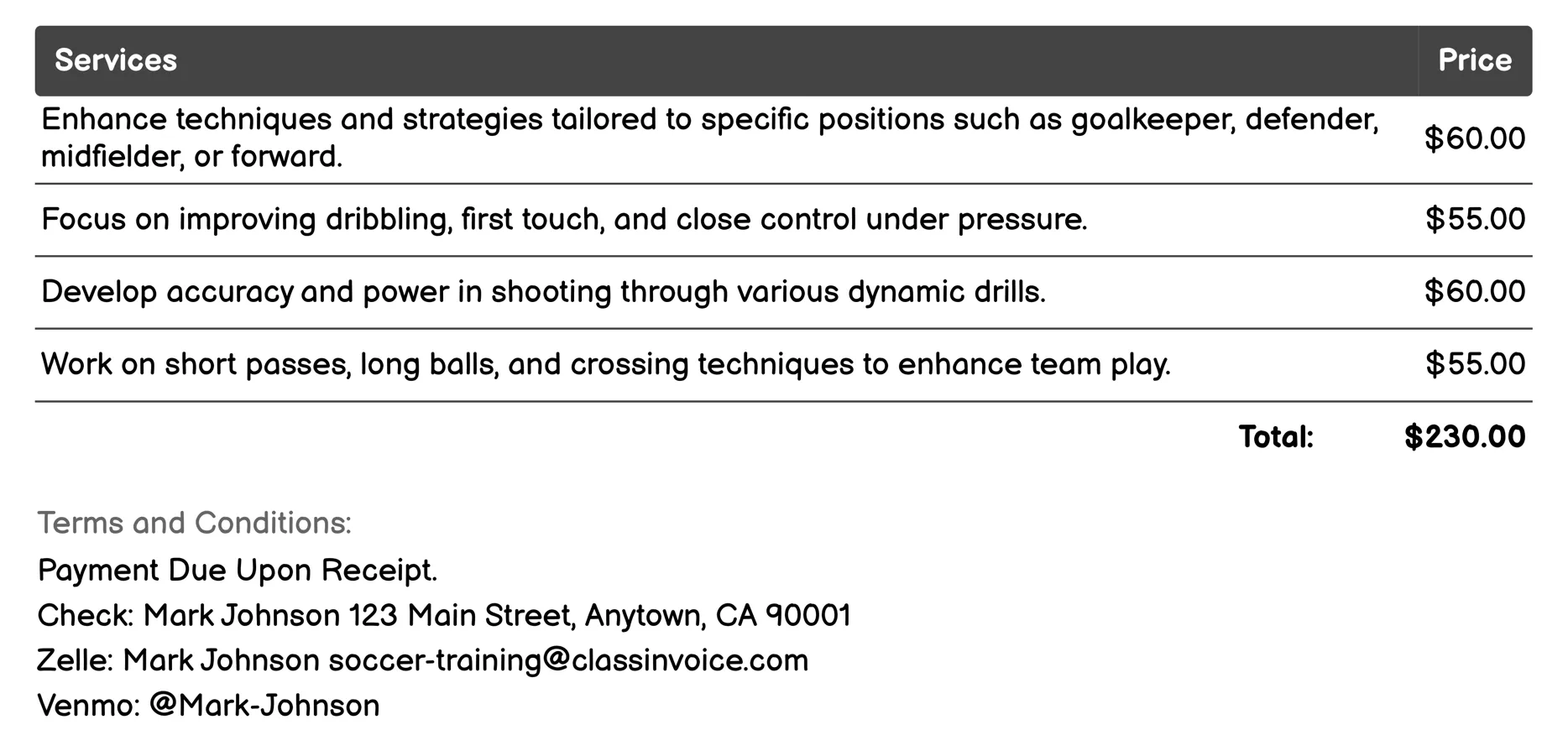Off-Season Workshops Invoice Example