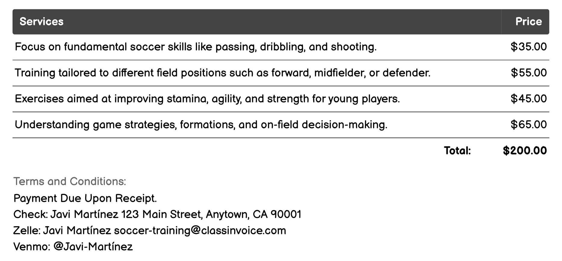 Youth Development Programs Invoice Example