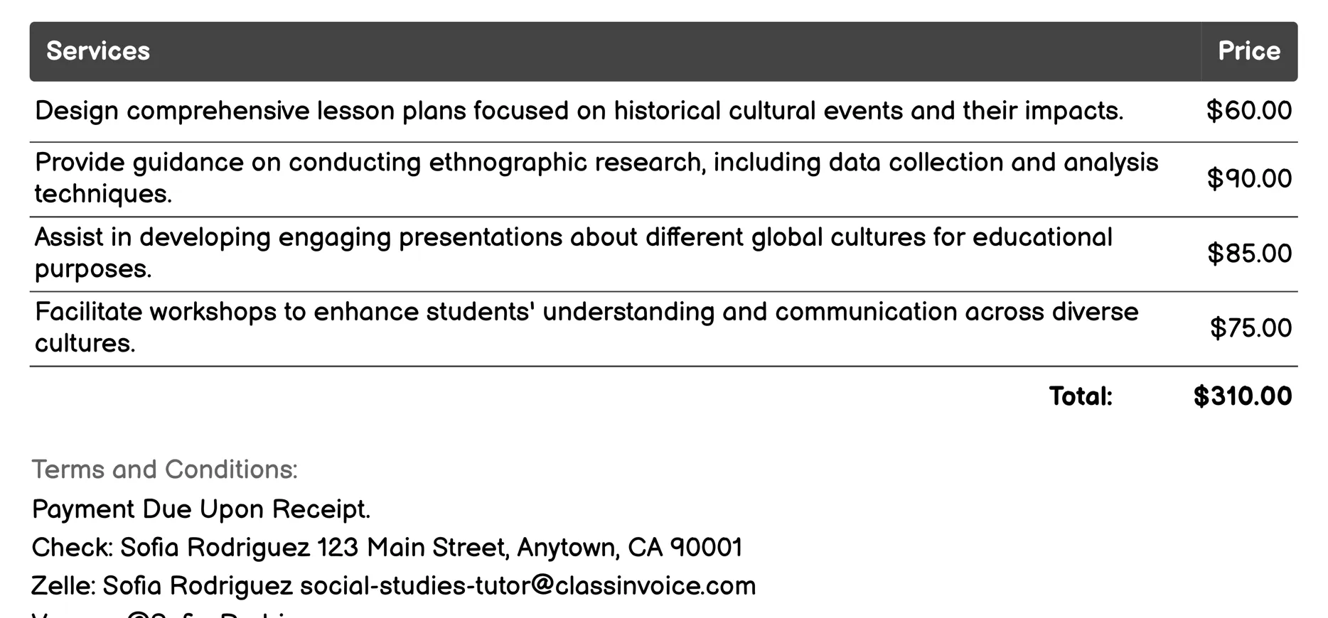 Cultural Studies Support Invoice Example