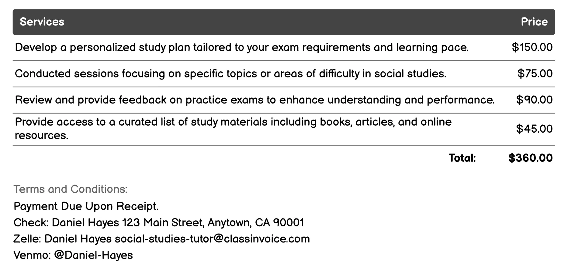 Exam Preparation and Review Invoice Example