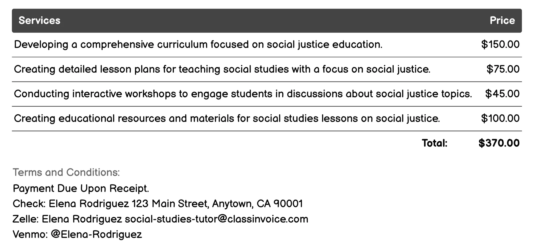 Social Justice Education Invoice Example