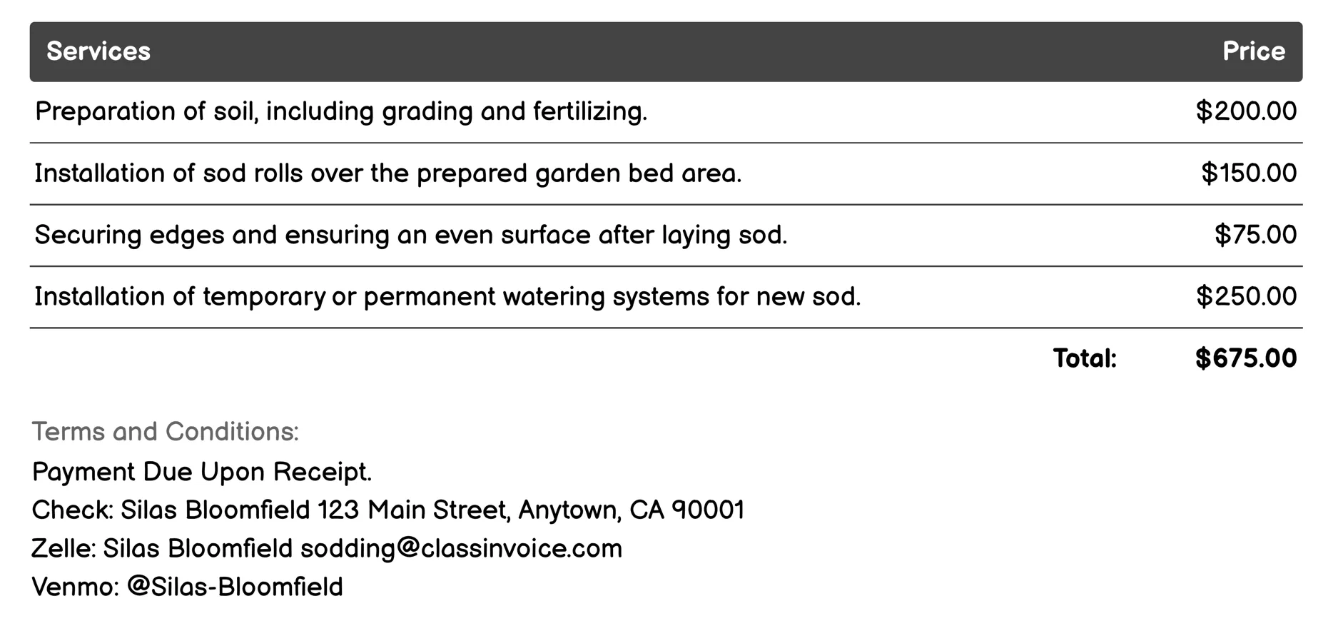 Garden Bed Sodding Invoice Example