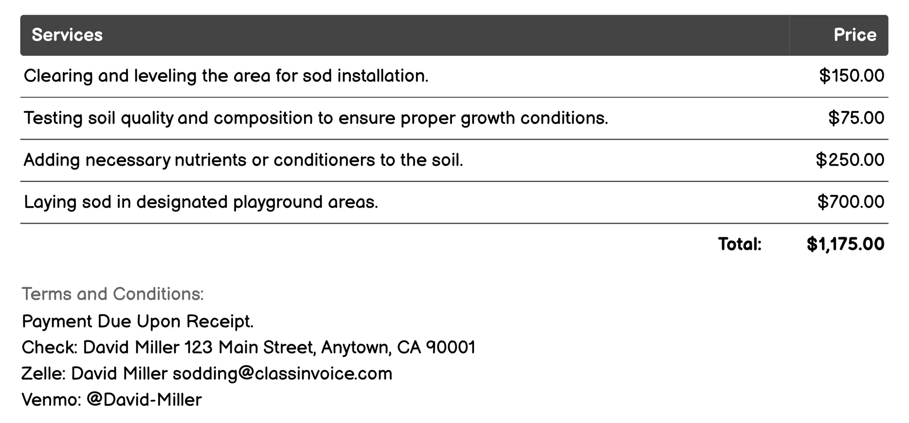 Playground Sodding Invoice Example
