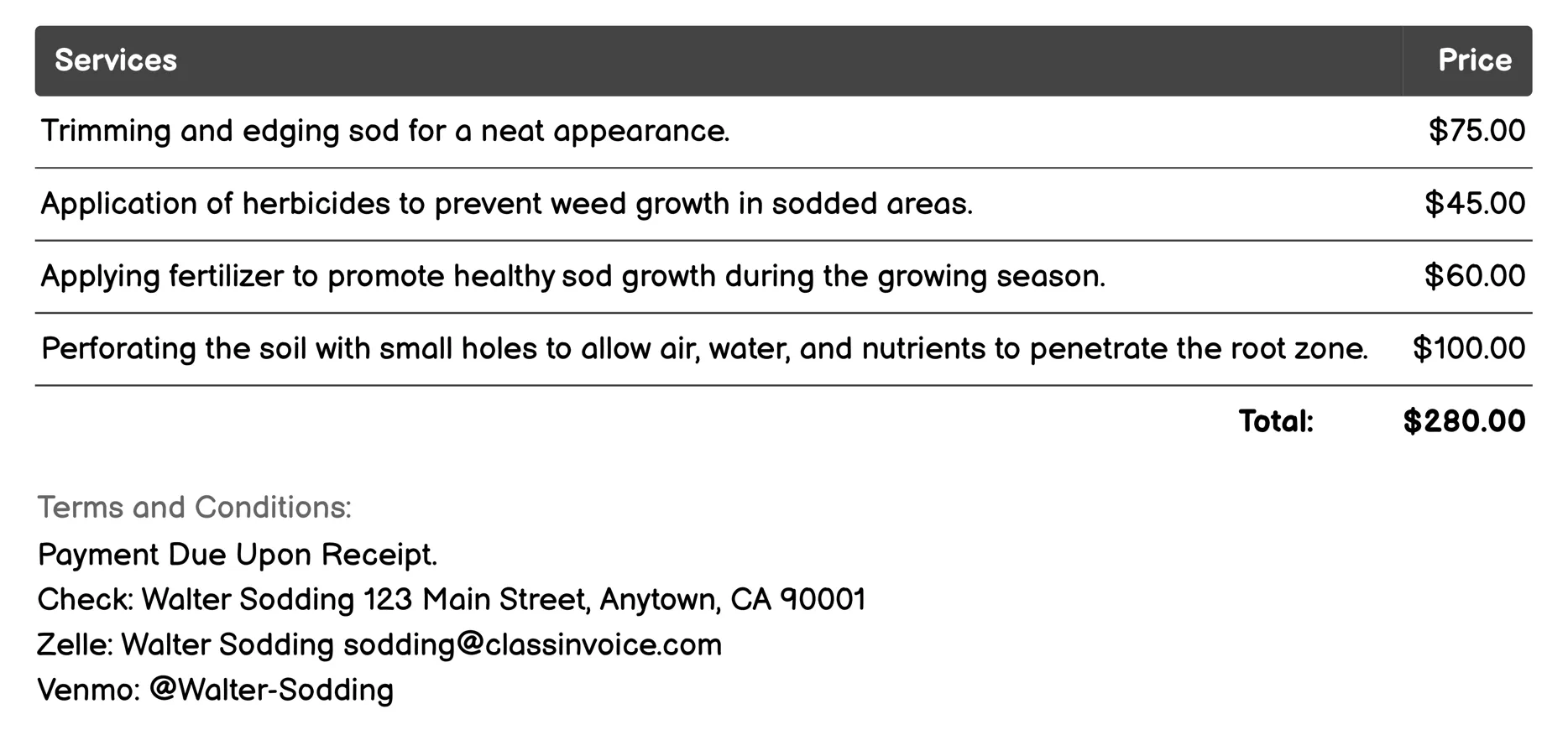 Seasonal Sod Maintenance Invoice Example