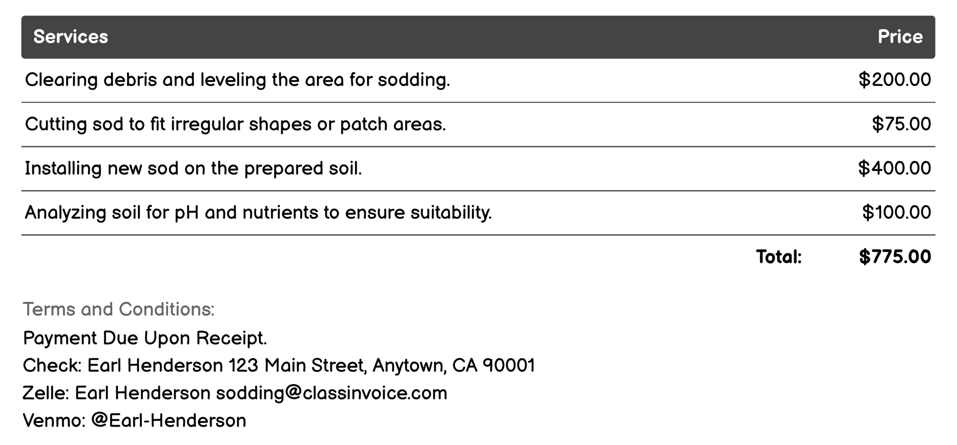 Sod Repair and Patching Invoice Example