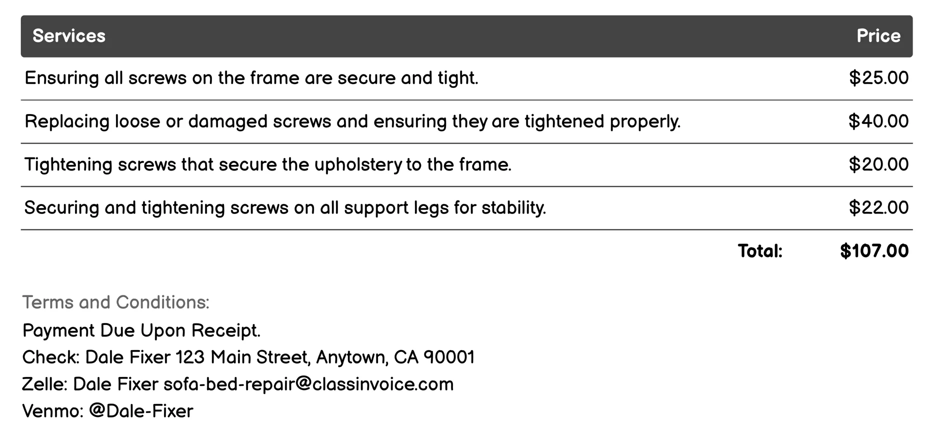 Screw Tightening Invoice Example