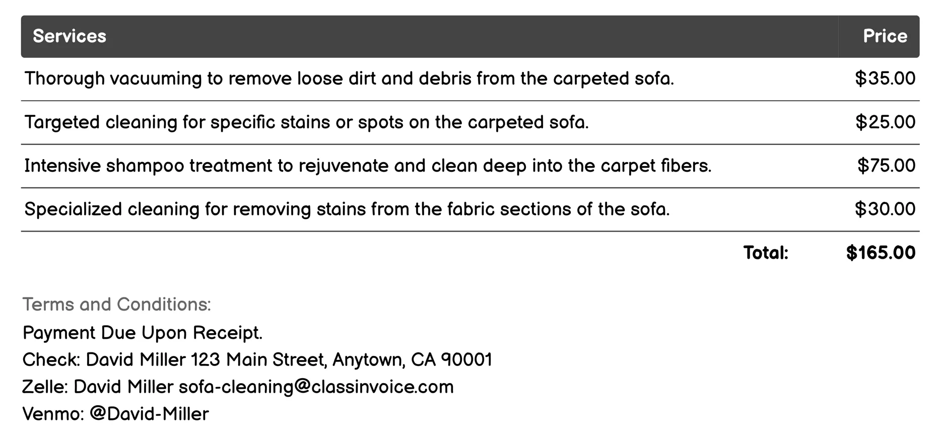 Carpeted Sofa Cleaning Invoice Example