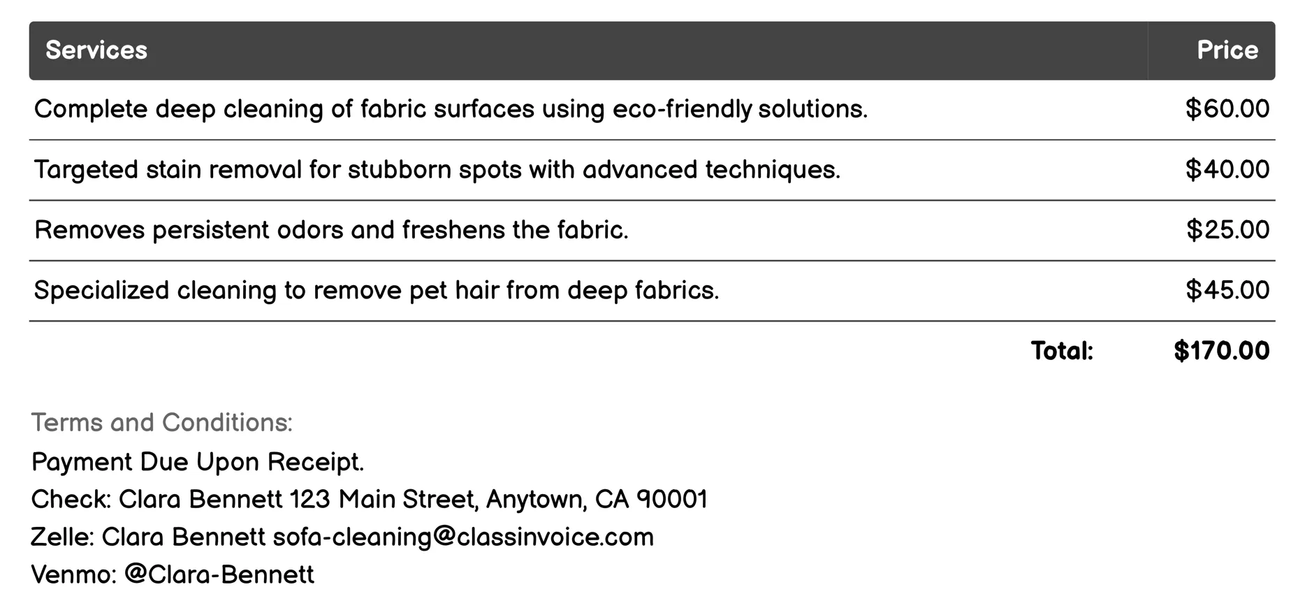 Deep Fabric Cleaning Invoice Example