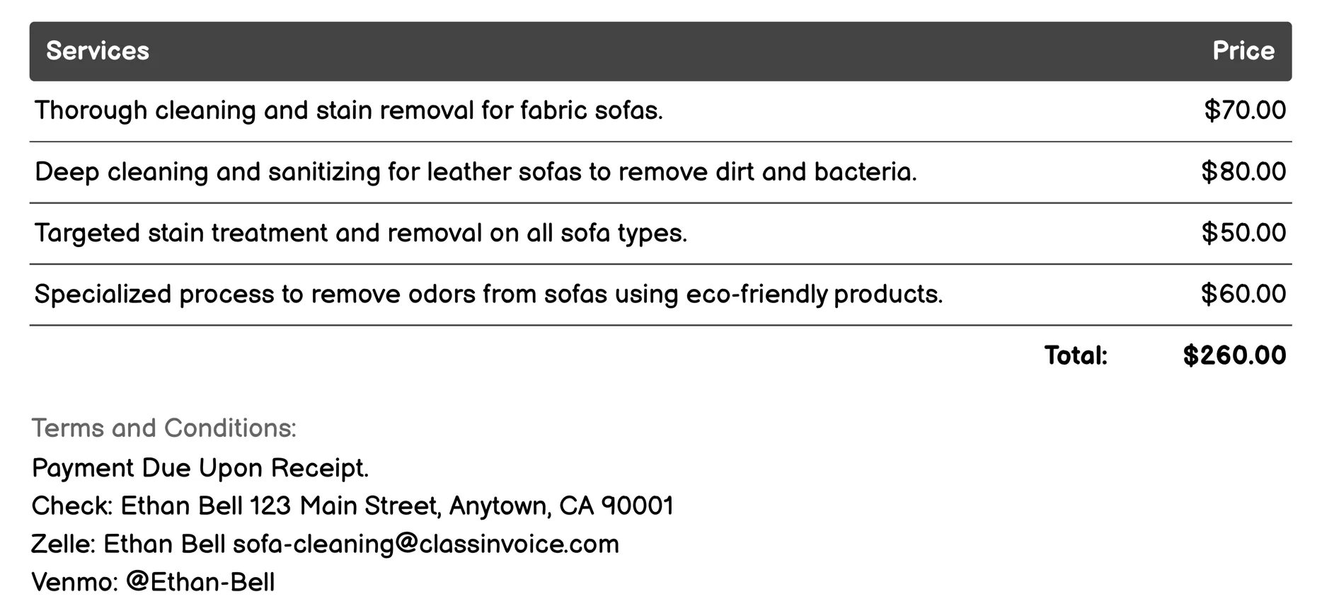 Sofa Sanitization Invoice Example