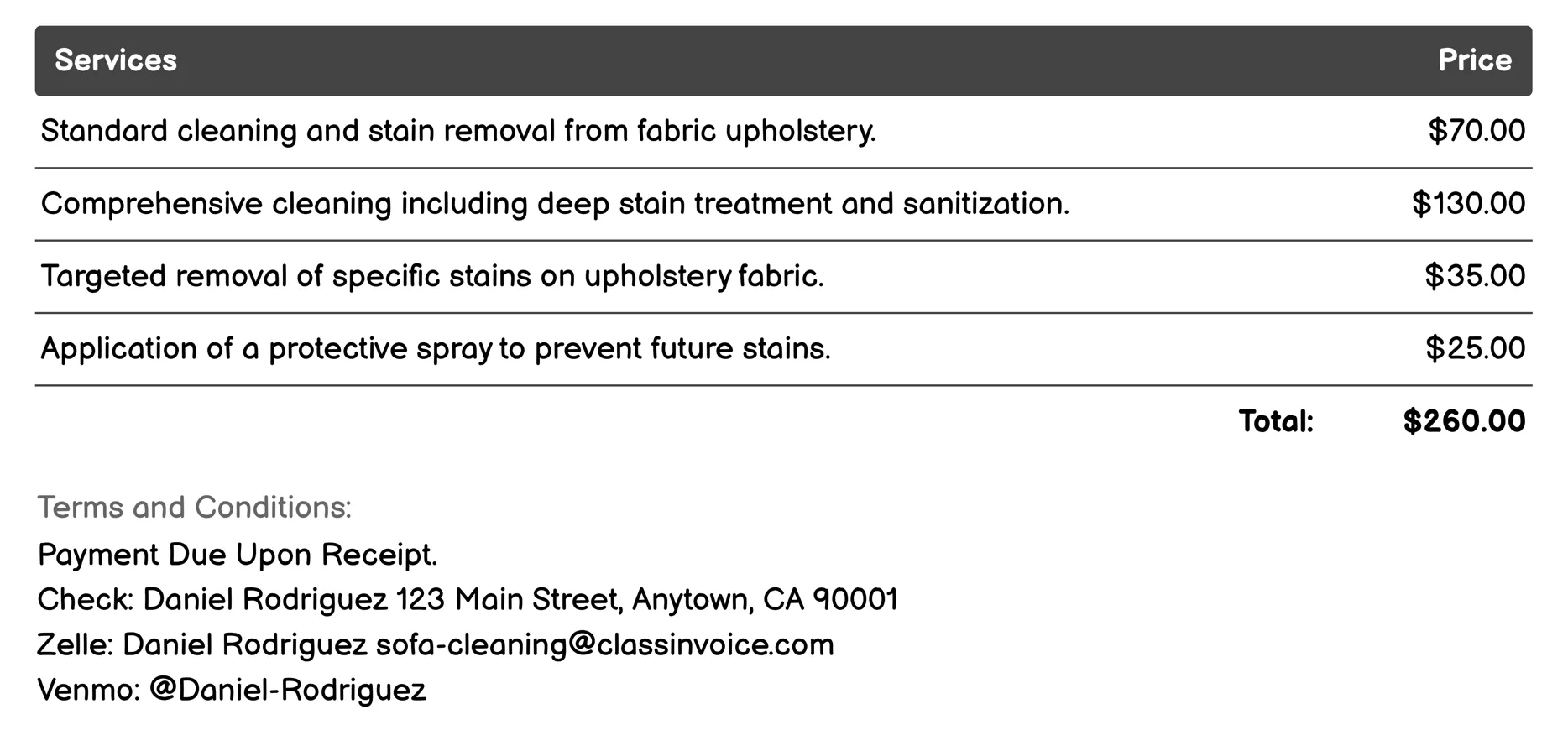 Upholstery Stain Removal Invoice Example