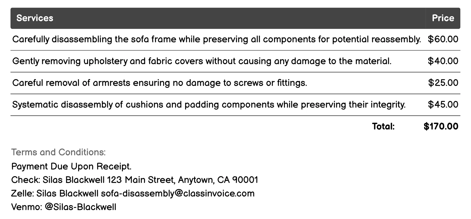 Disassembly with Parts Preservation Invoice Example