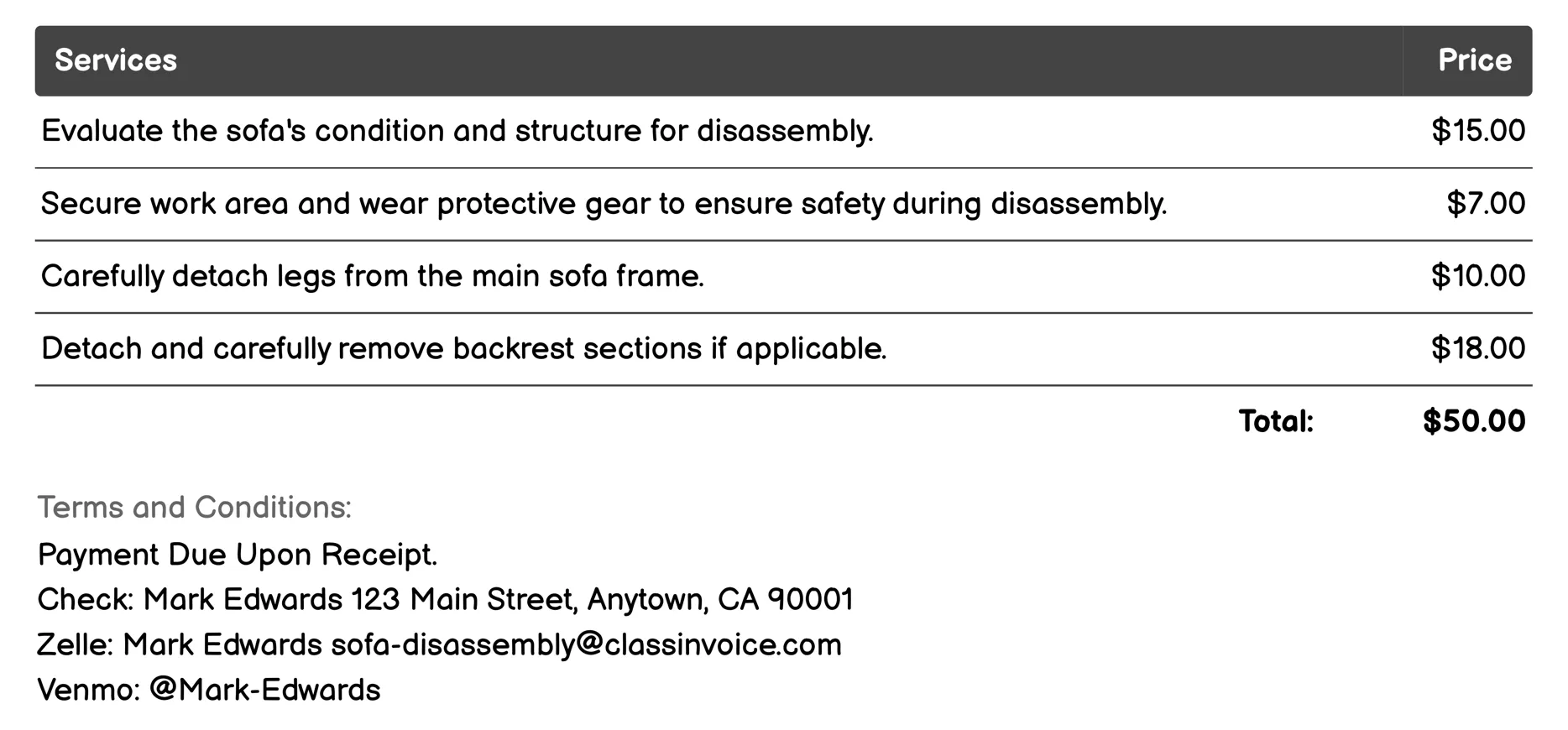 Full Service Removal Invoice Example