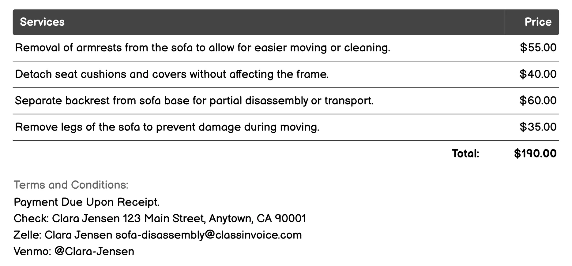 Partial Sofa Disassembly Invoice Example