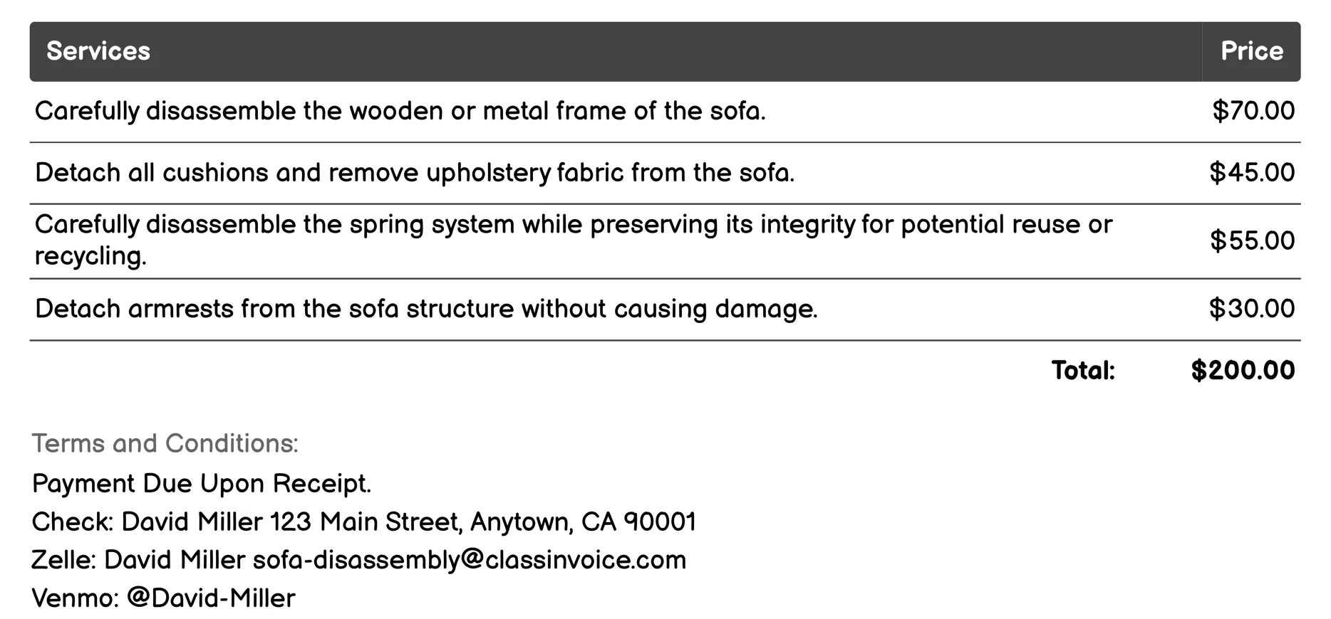 Professional Sofa Disassembly Invoice Example