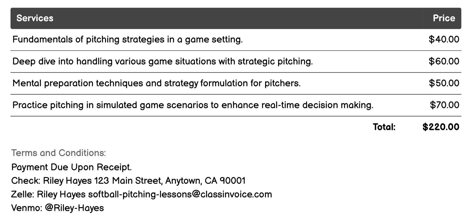 Game Strategy Pitching Invoice Example