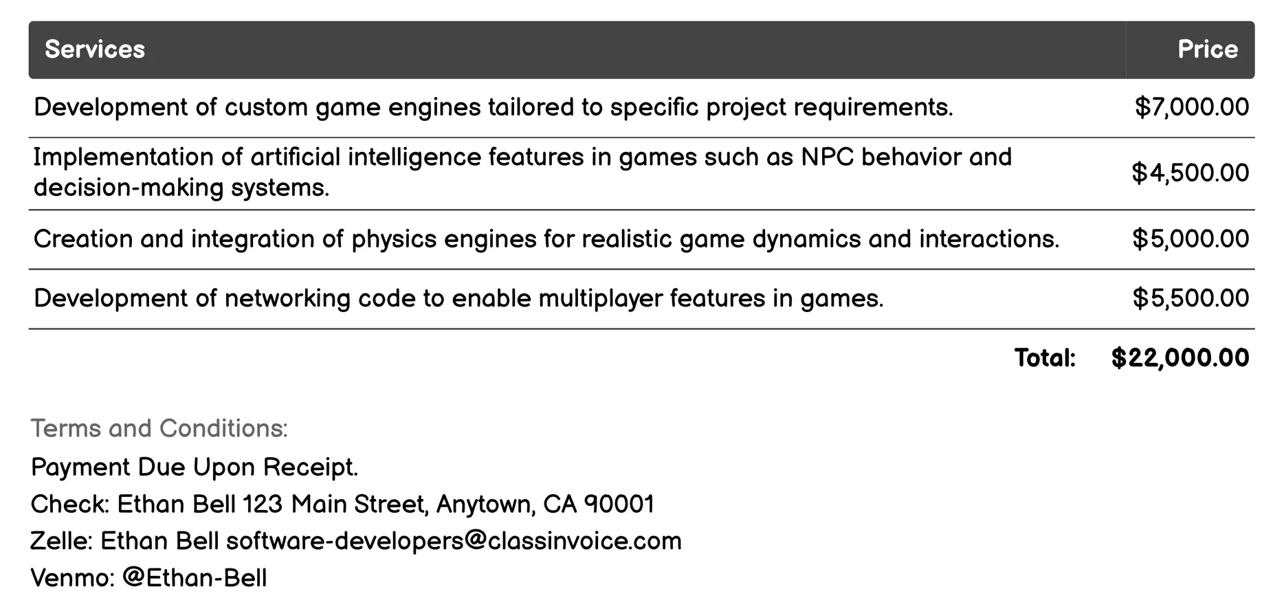 Game Developer Invoice Example