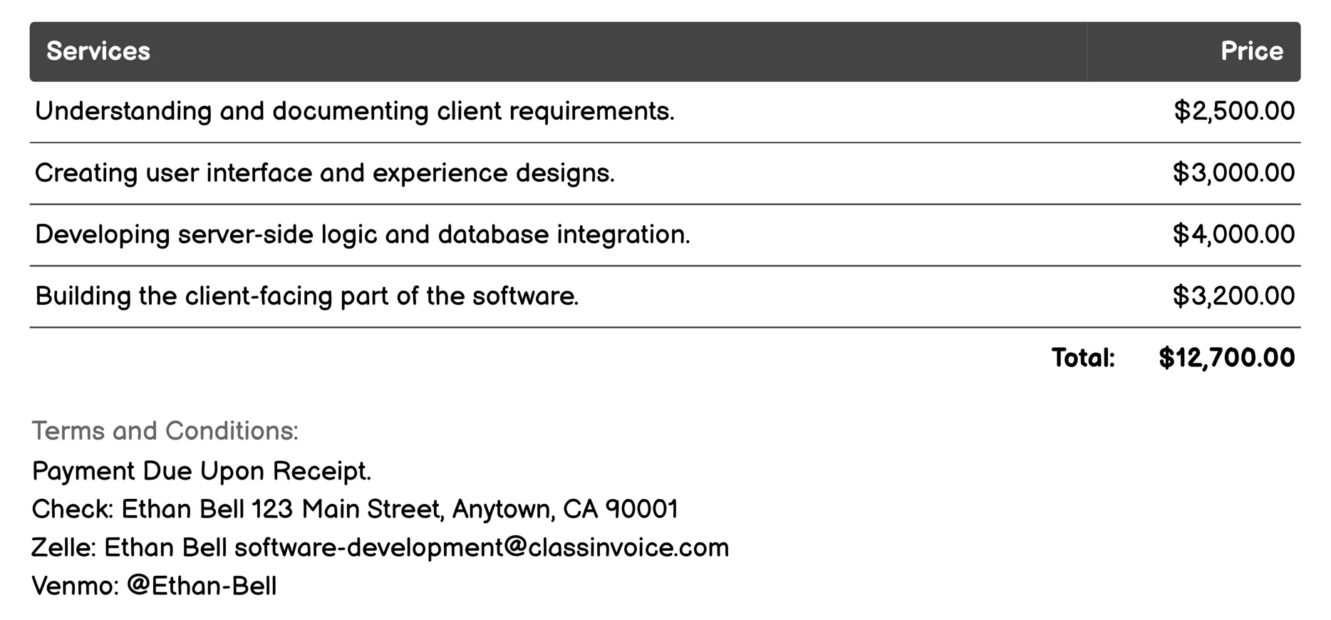 Custom Software Development Invoice Example