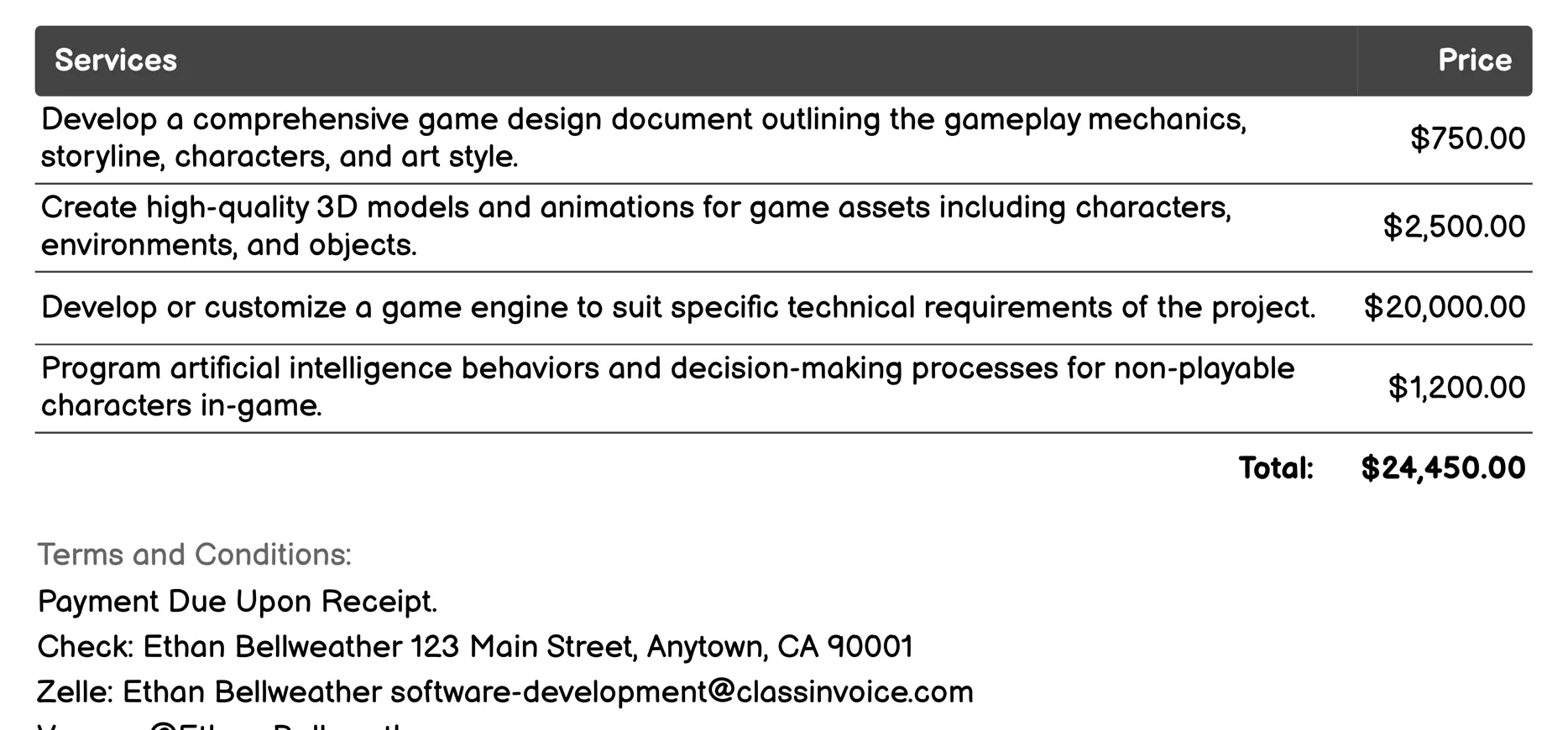 Game Development Invoice Example