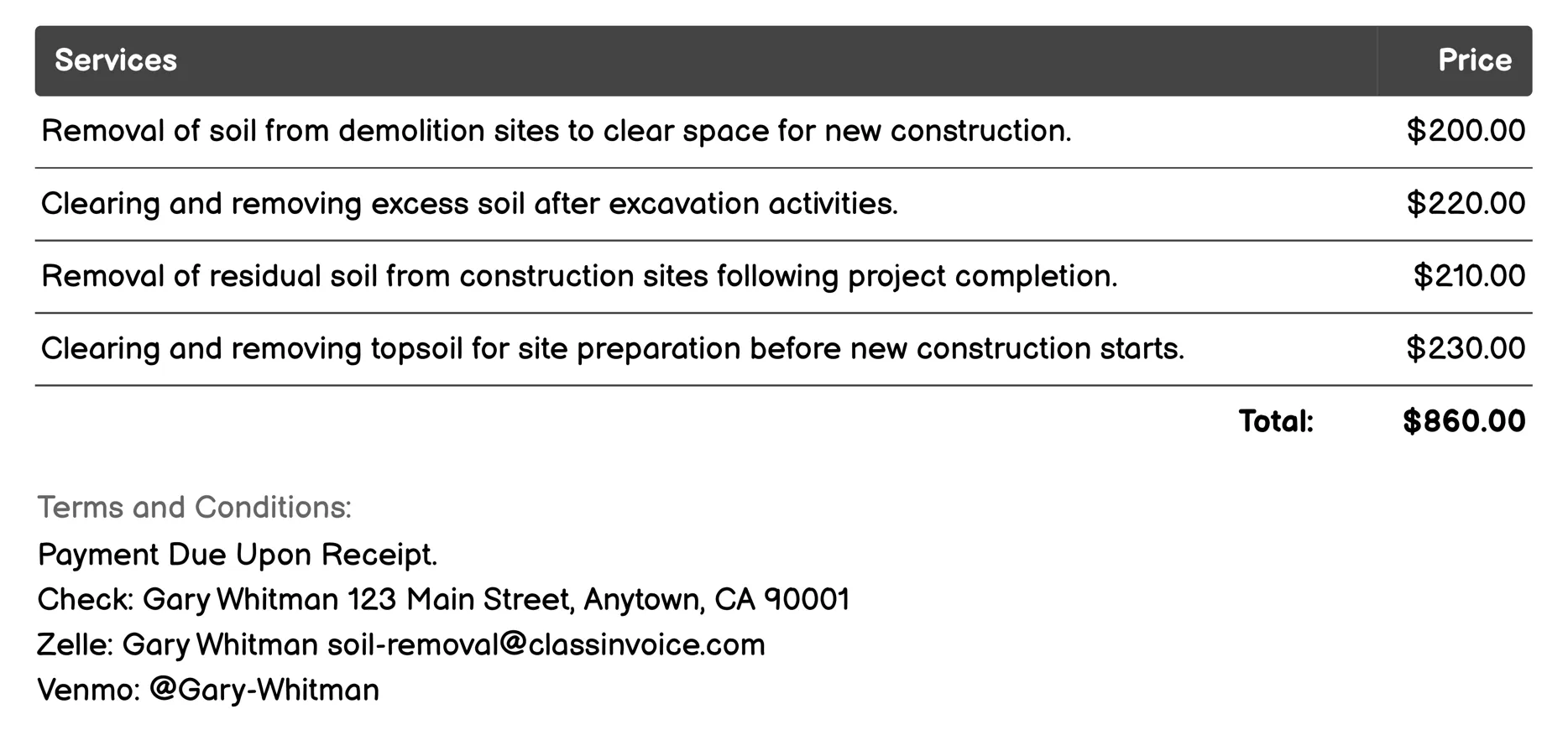 Construction Debris Soil Removal Invoice Example