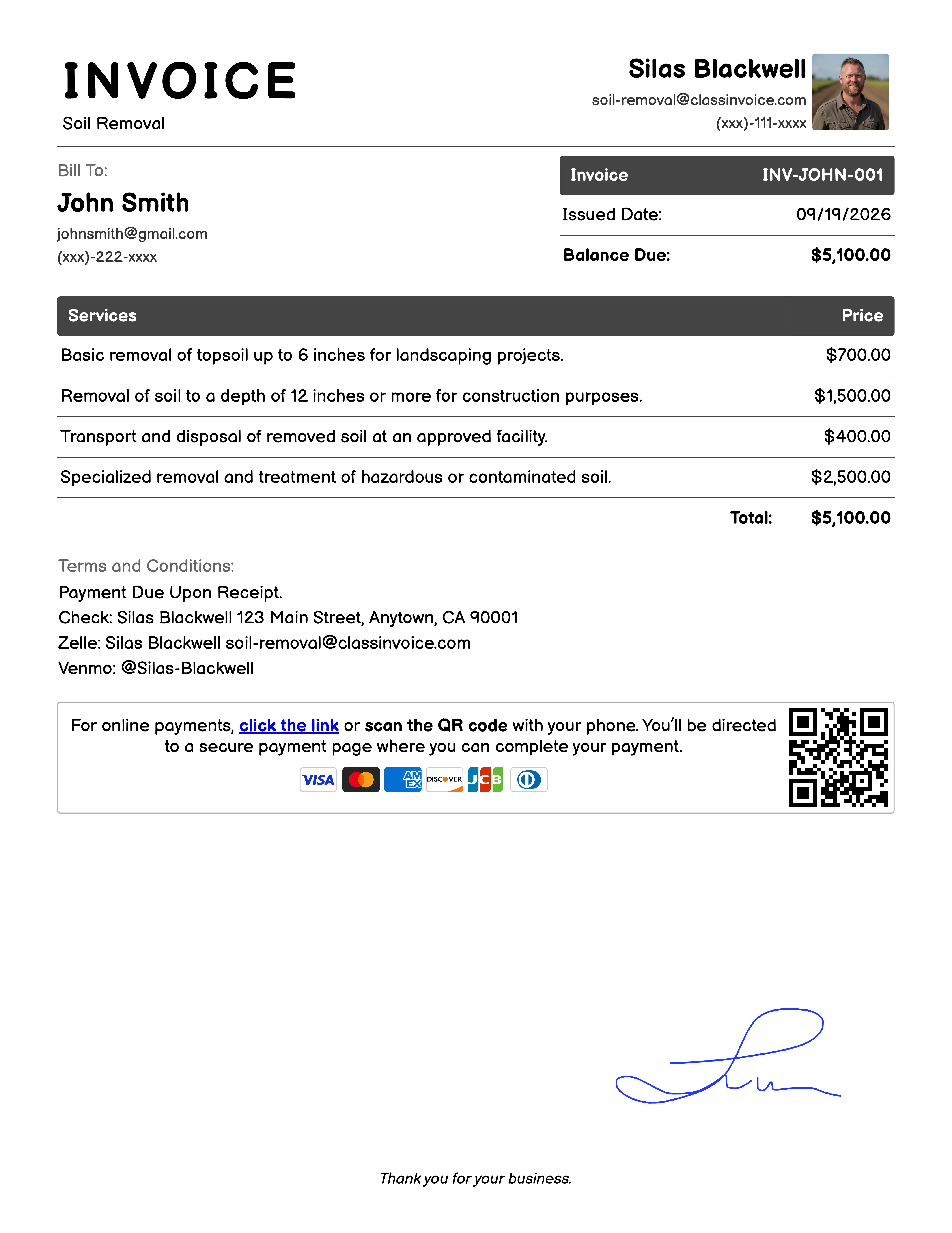 Soil Removal Invoice Example