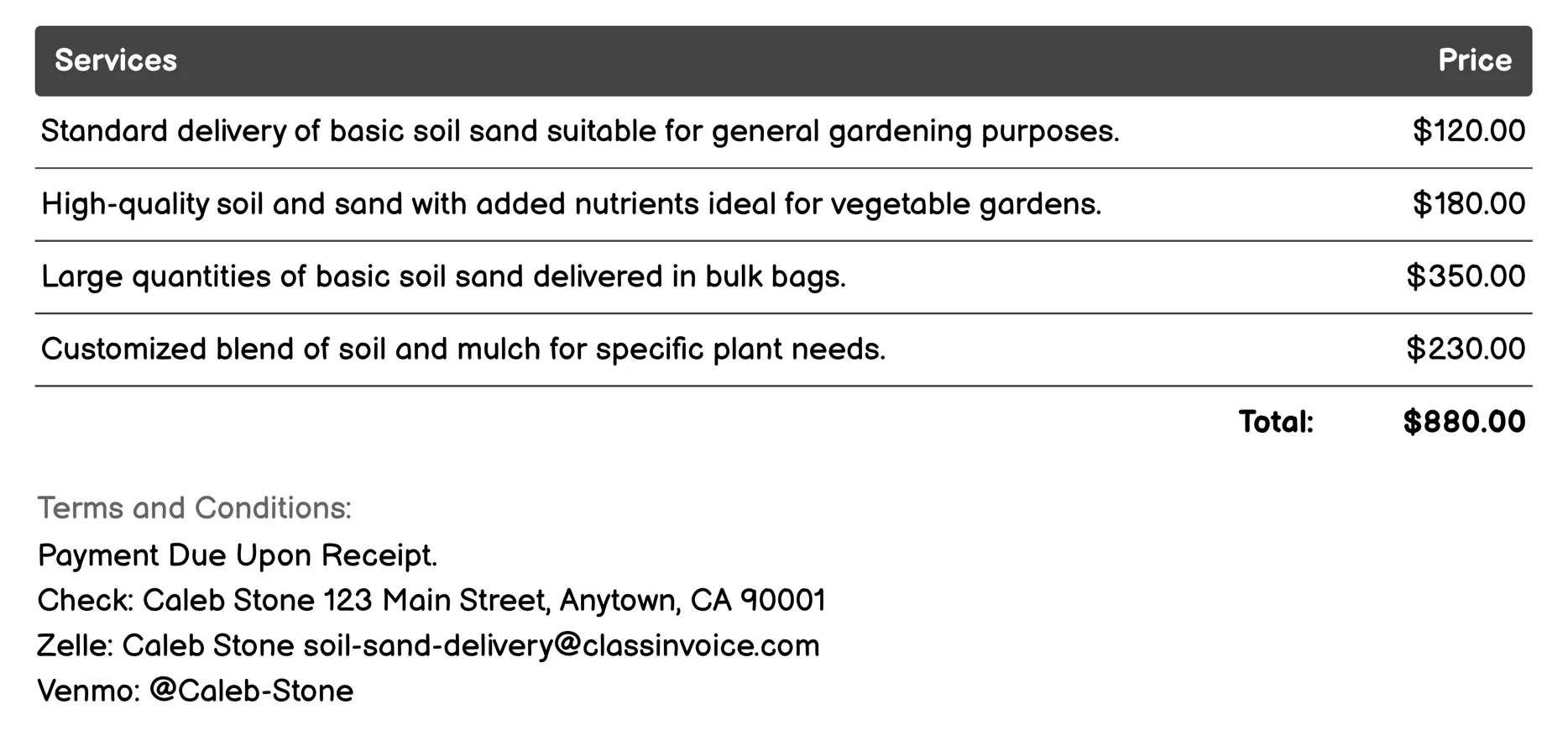 Mulch Soil Delivery Invoice Example