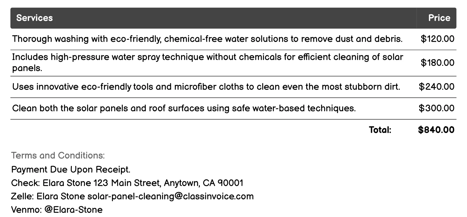 Chemical-Free Cleaning Invoice Example