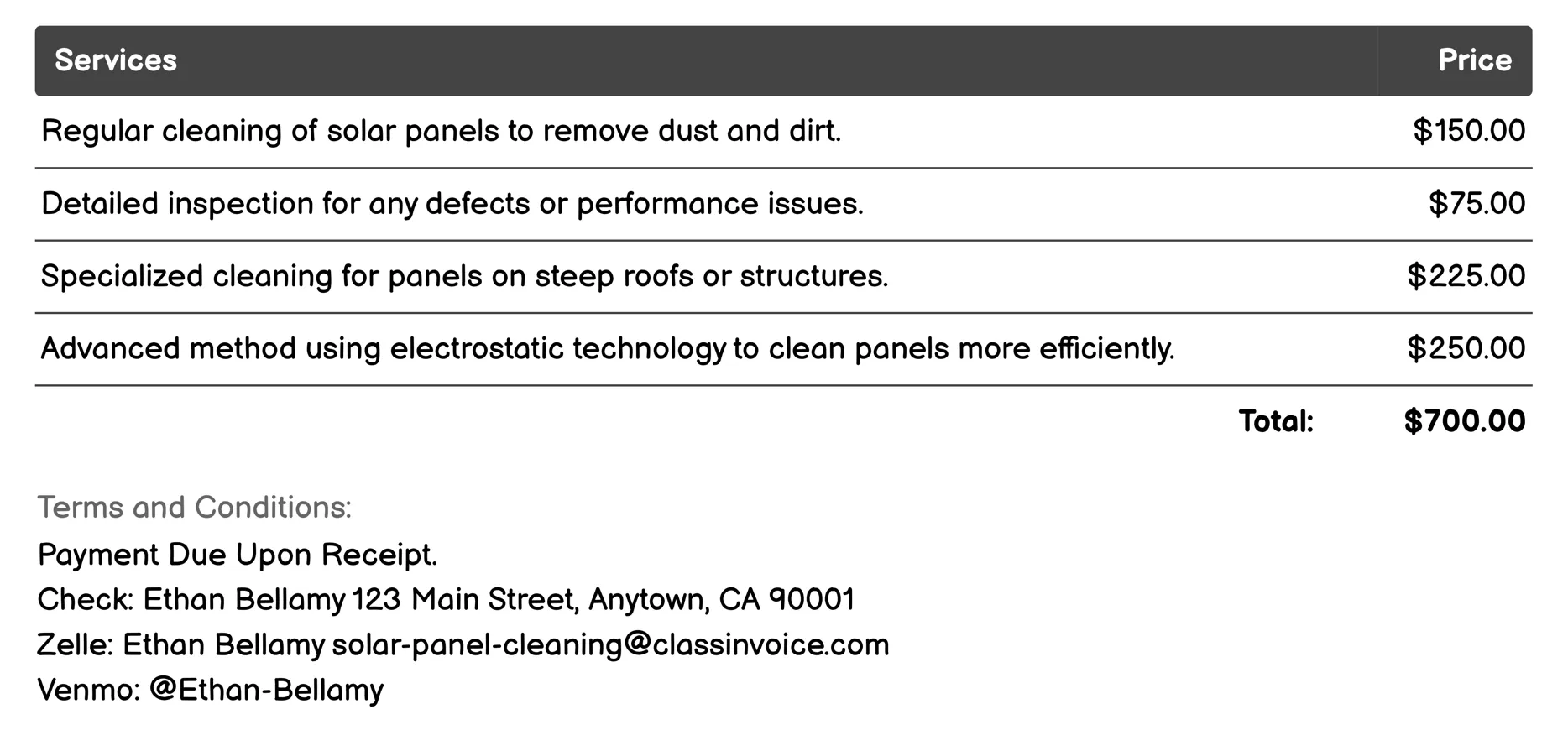 Performance Assessment Invoice Example