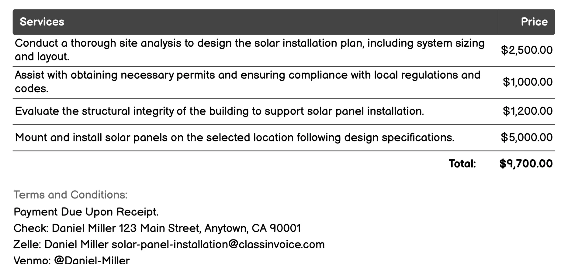 Commercial Solar Installation Invoice Example