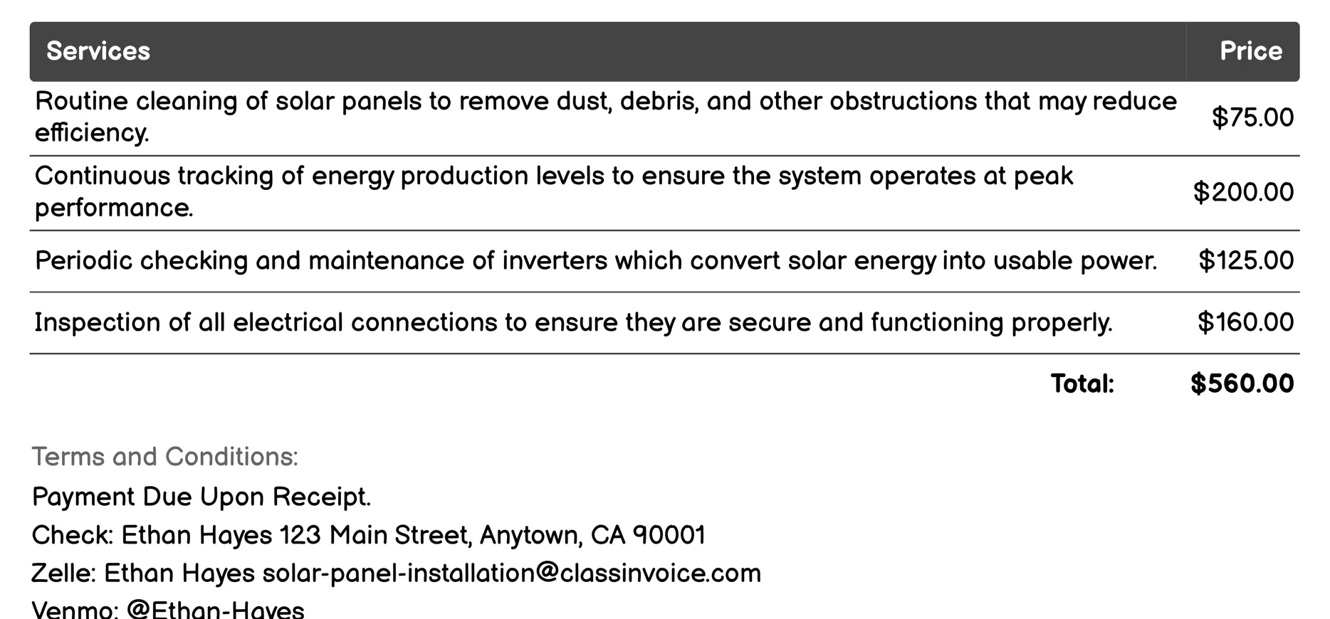Solar Panel System Maintenance and Monitoring Invoice Example
