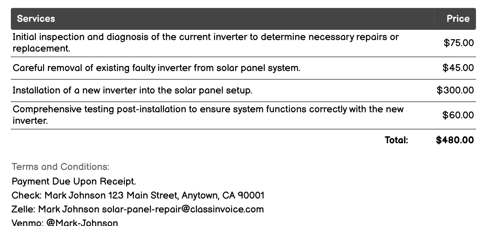 Inverter Replacement Invoice Example