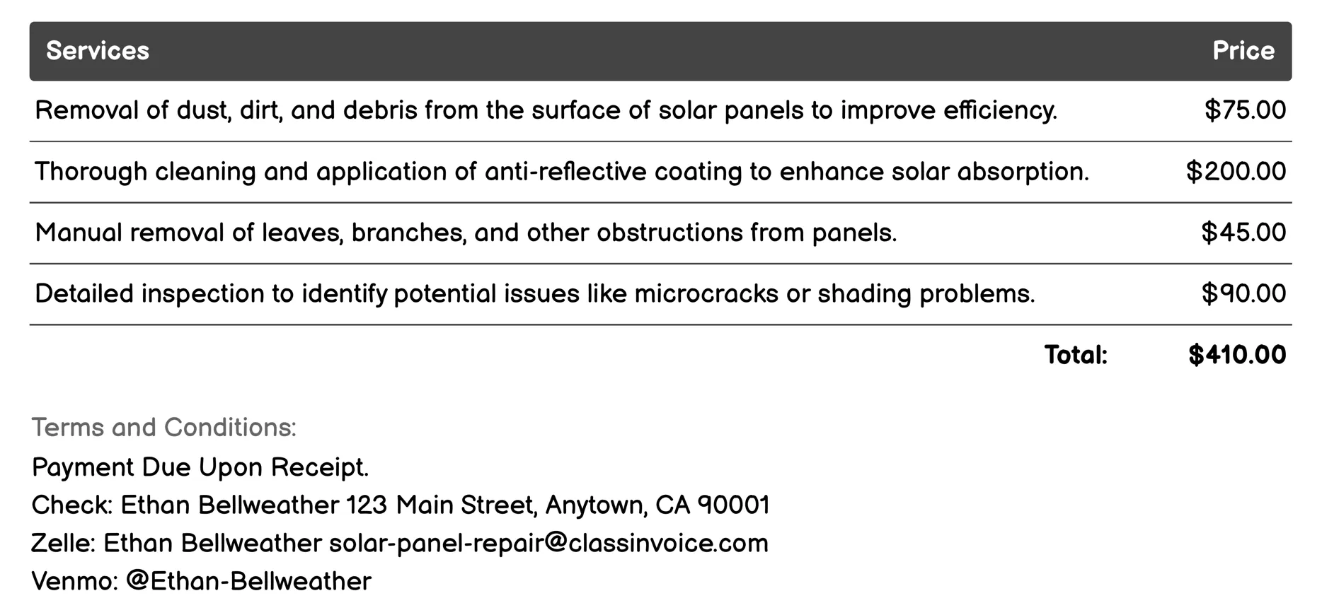 Panel Cleaning and Maintenance Invoice Example