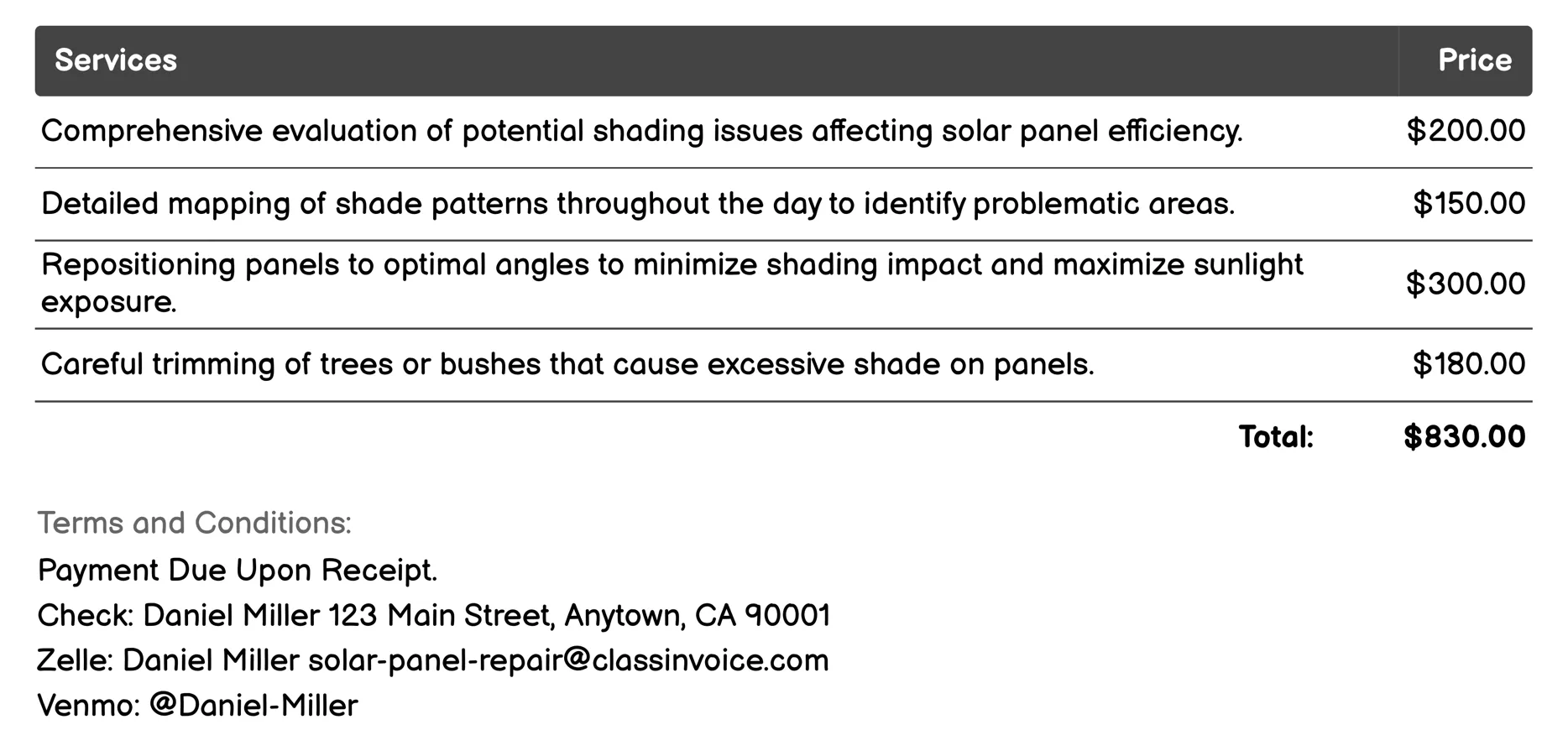 Shade Analysis and Adjustment Invoice Example