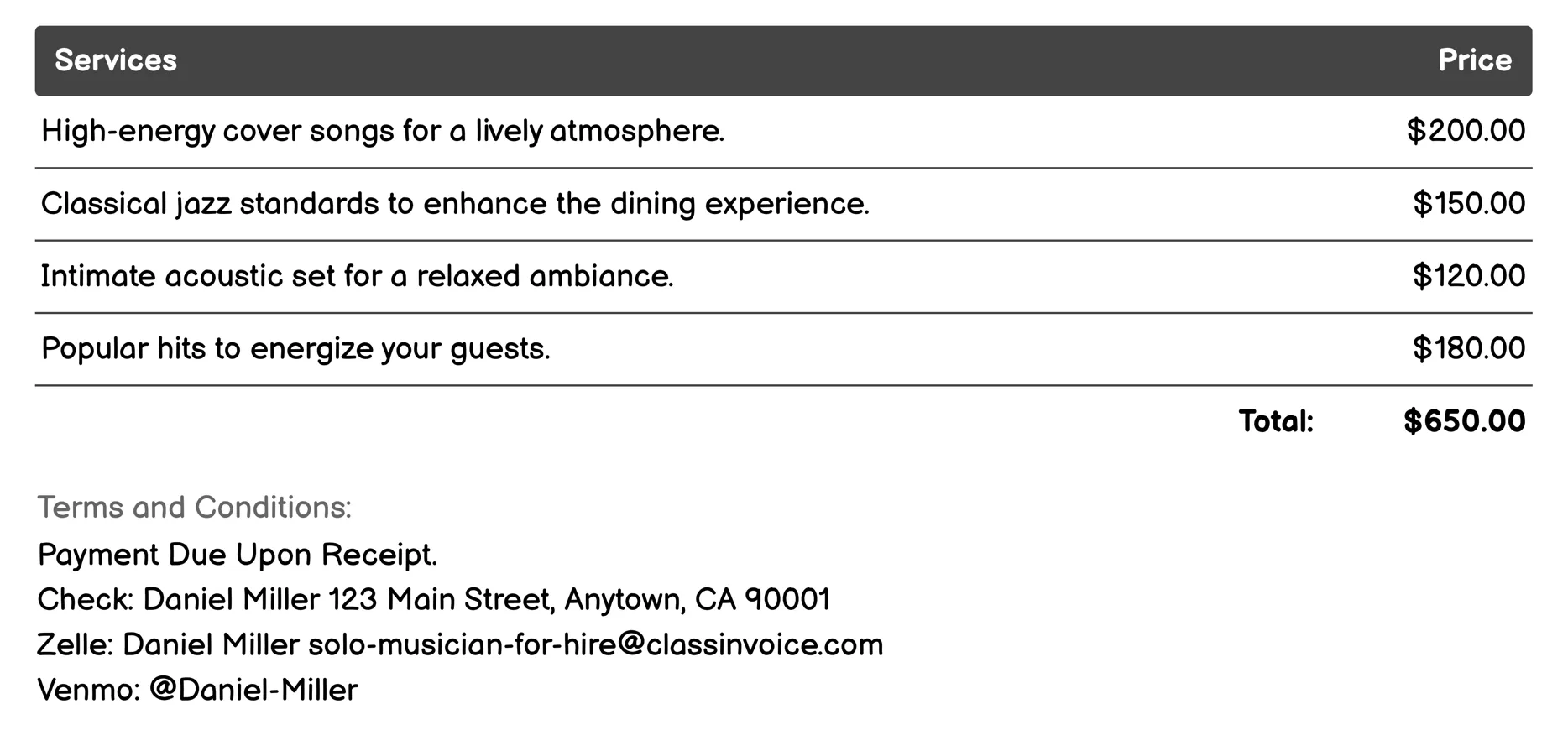 Bar & Restaurant Musician Invoice Example