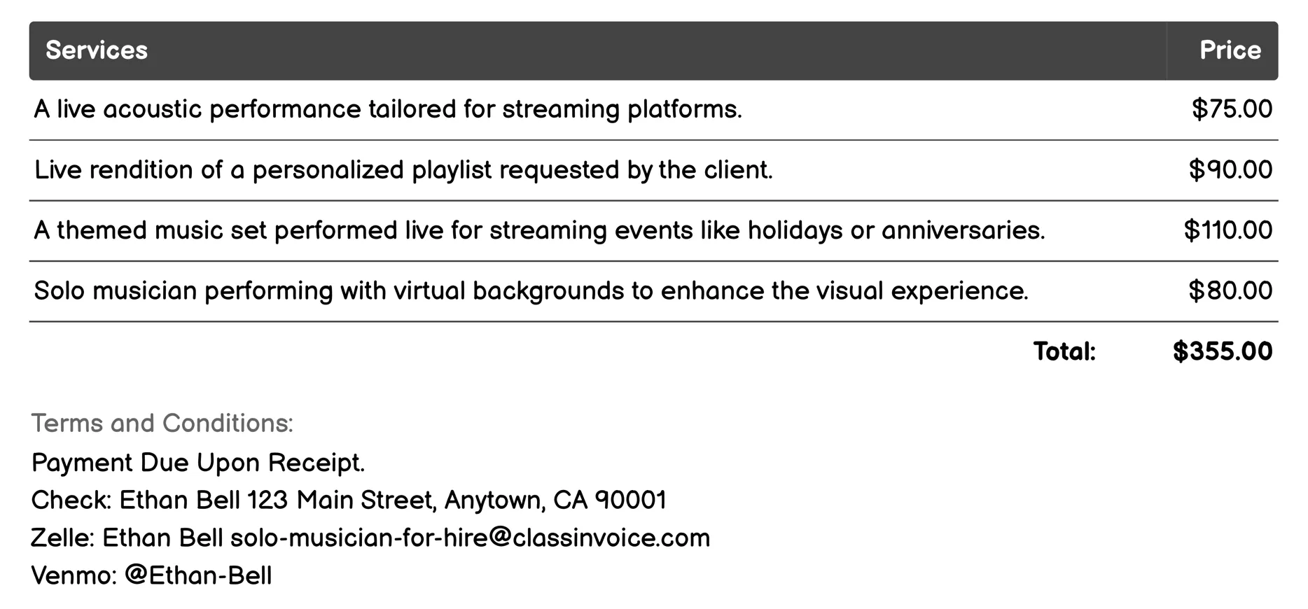 Live Streaming Performer Invoice Example