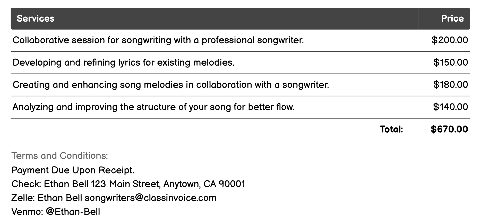 Collaborative Songwriting Invoice Example