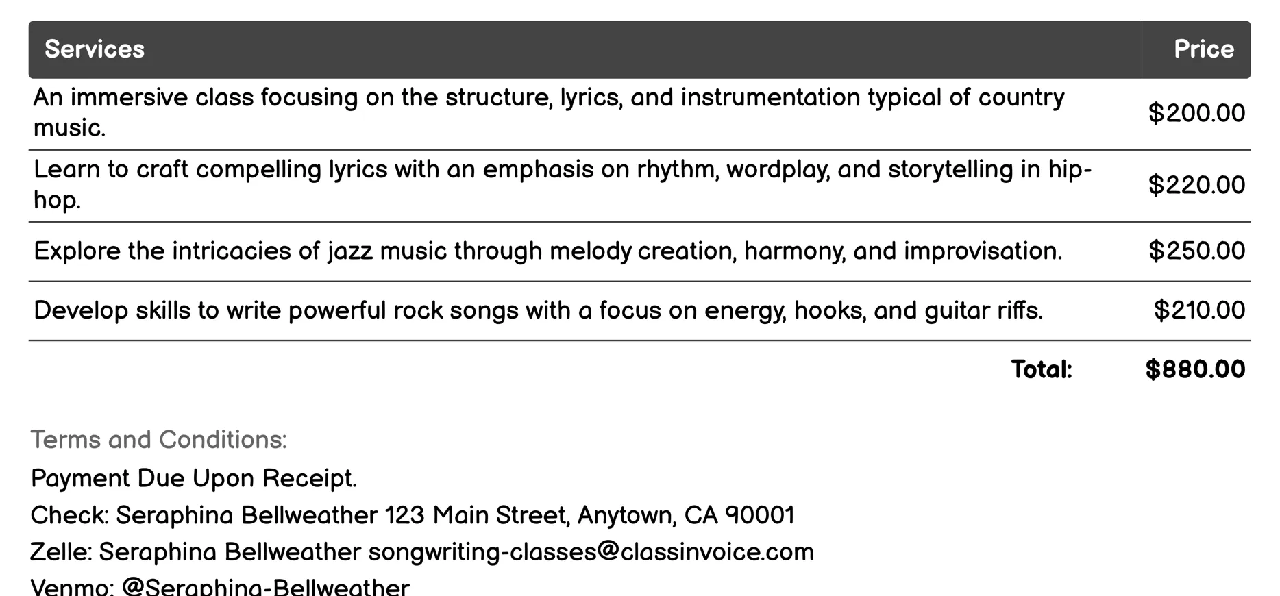 Genre-Specific Songwriting Invoice Example