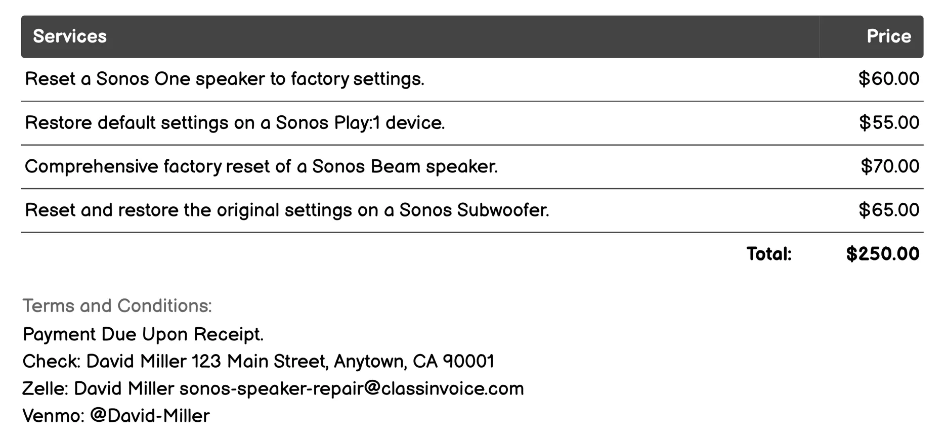 Factory Reset Assistance Invoice Example