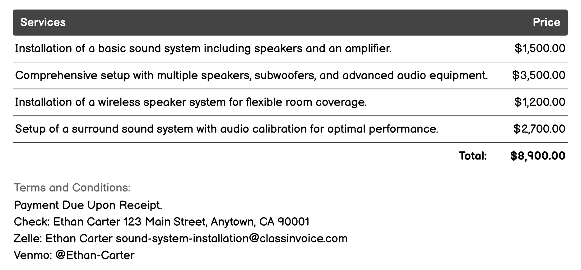 Business Audio Solutions Invoice Example