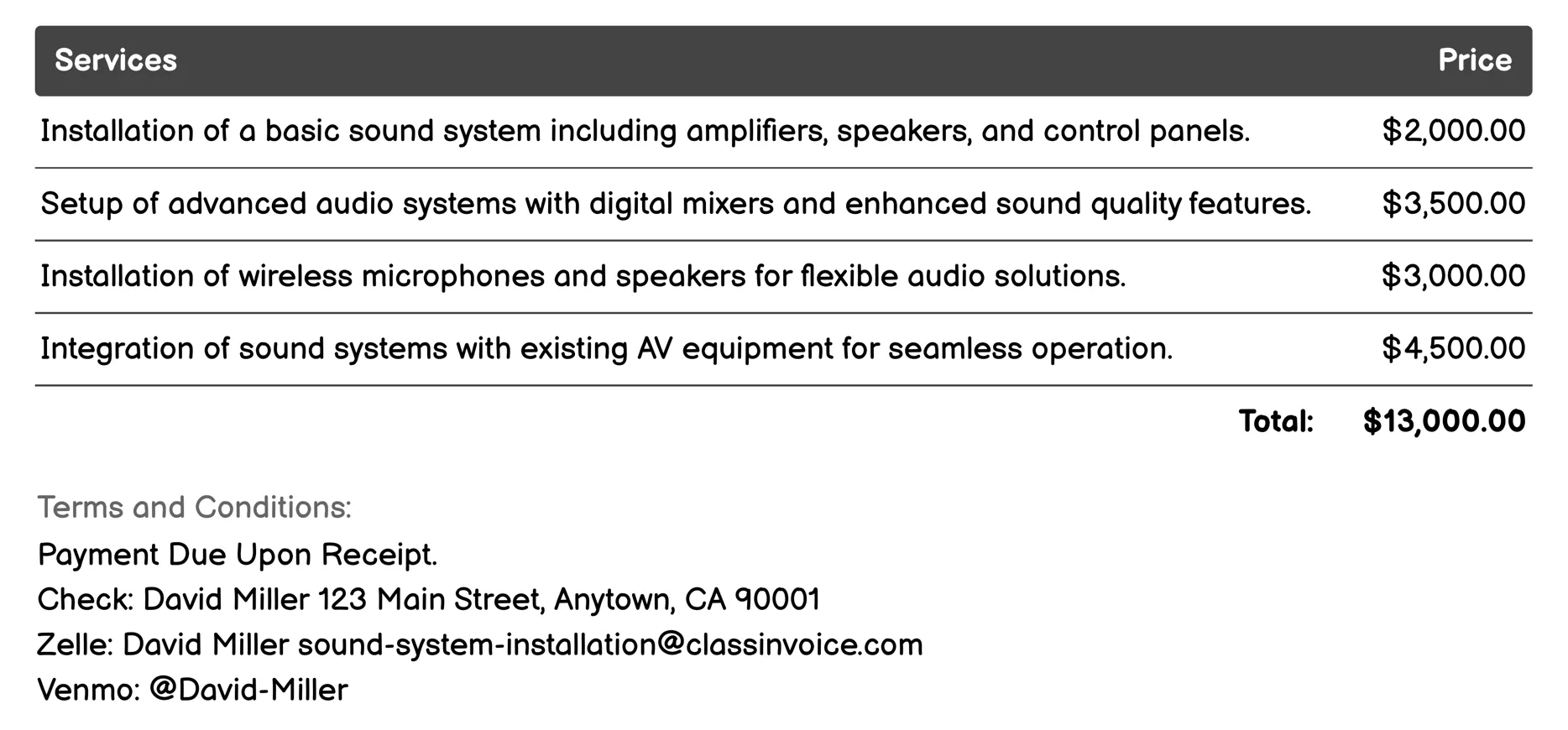 Educational Institution Audio Solutions Invoice Example