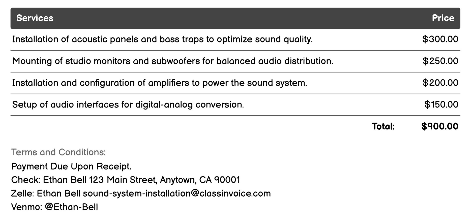 Home Studio Sound Installation Invoice Example