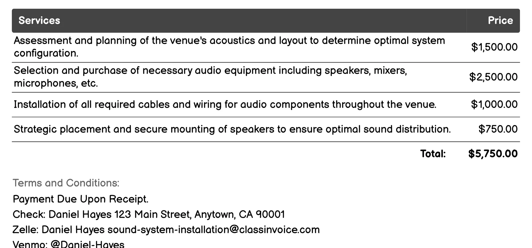 Public Venue Sound System Setup Invoice Example