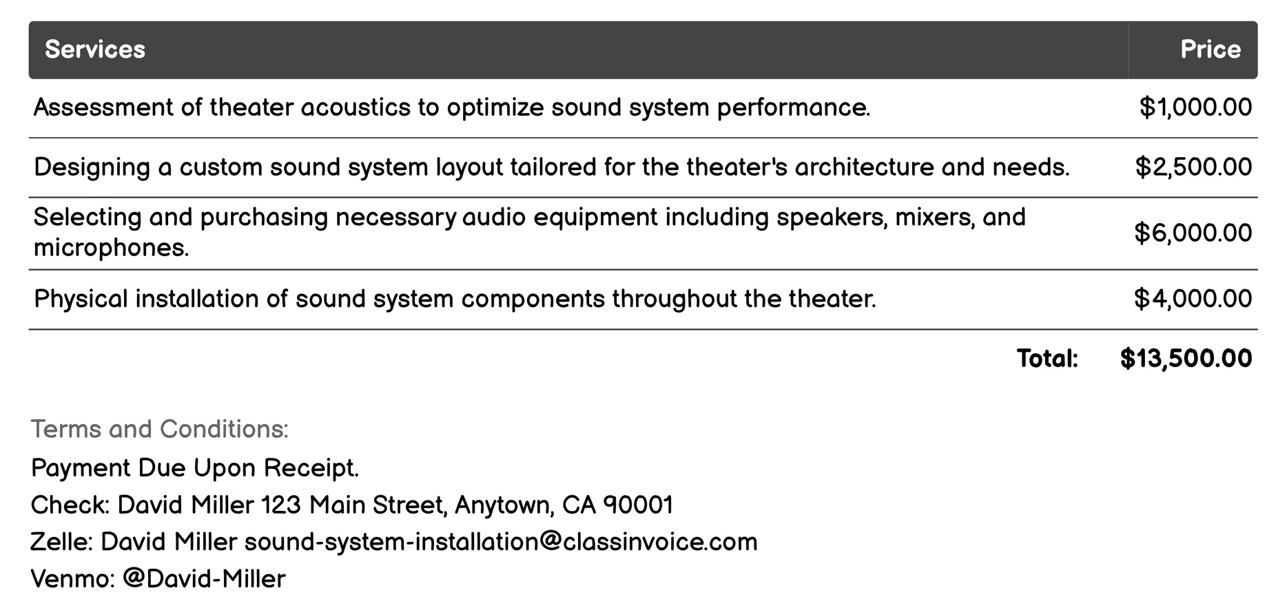 Theater Sound System Design and Implementation Invoice Example