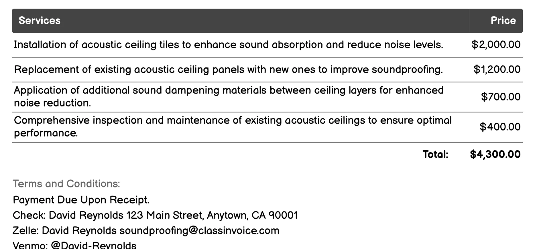 Acoustic Ceilings Invoice Example