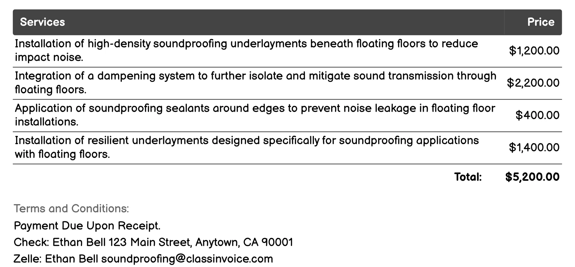 Floating Floors Invoice Example
