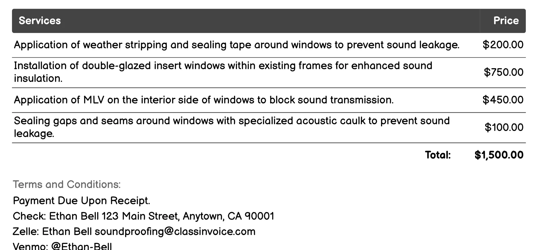 Soundproof Windows Invoice Example