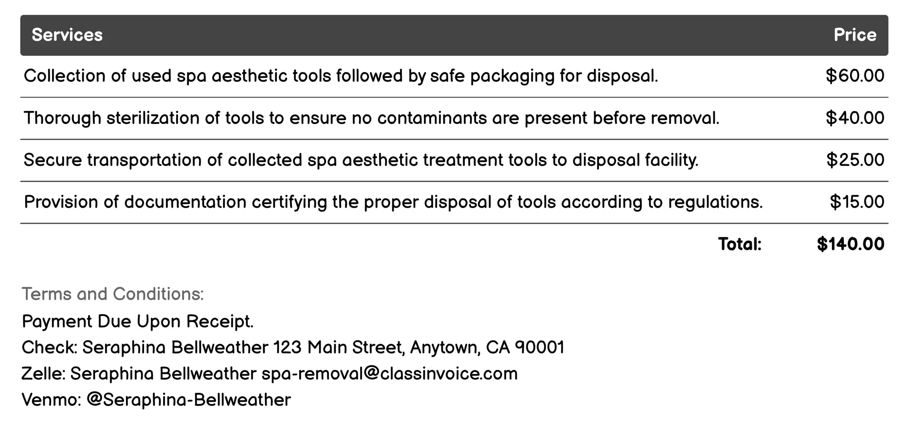 Spa Aesthetic Treatment Tool Disposal Invoice Example