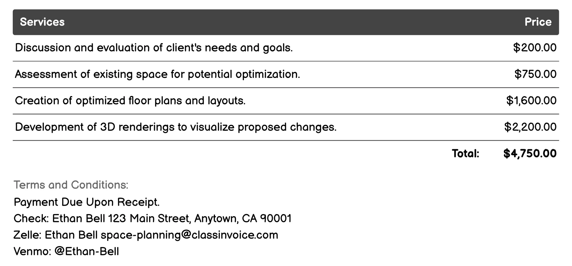 Hospitality Space Planning Invoice Example